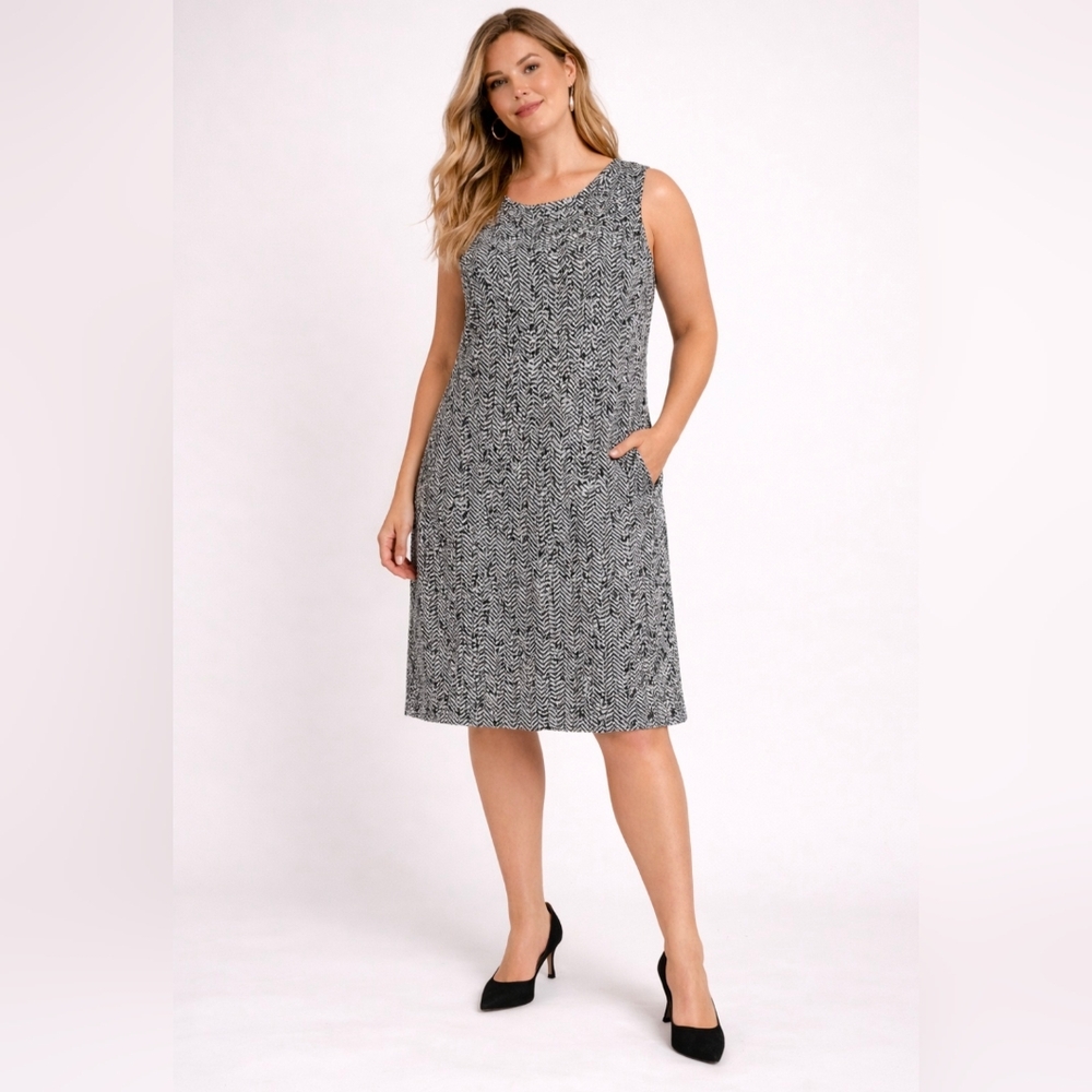 Lands End Womens 26W Black White Sheath Dress Sleeveless Pockets Midi 26 Wide